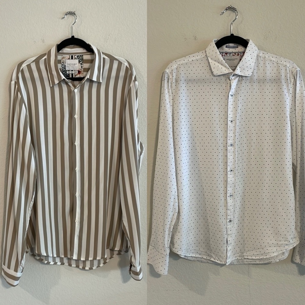 Ricky Singh Men's Button Front Bundle (2) Large White Polka Dot & Tan Stripe